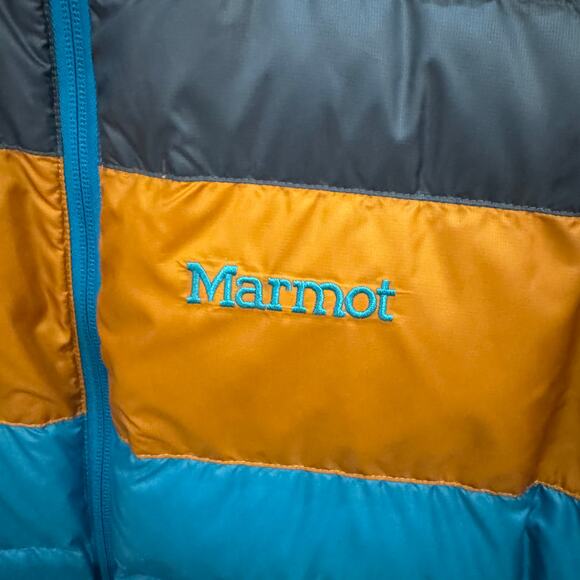 Marmot Men's Retro Style Ares Jacket Ultralight 600 Fill Down Blue Orange L - Picture 3 of 4